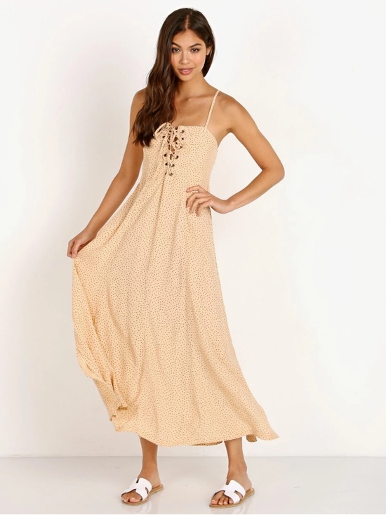 faithful the brand Dresses & Skirts - ⭐️ANTHROPOLGIE⭐️ FAITHFUL THE BRAND NWT Beige Polka Dot Lace-Up Maxi Slip Dress